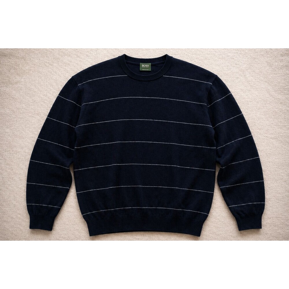 HUGO BOSS MENS LARGE NAVY STRIPED COTTON SWEATER ITALY